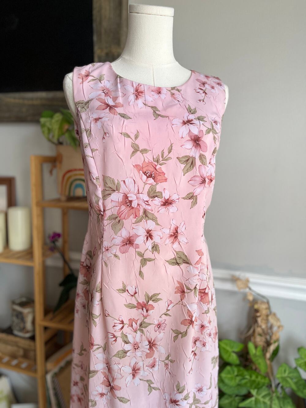 Vintage 90s Maxi Dress Floral Pink Sleeveless Crinkled Spring Summer Size Small
